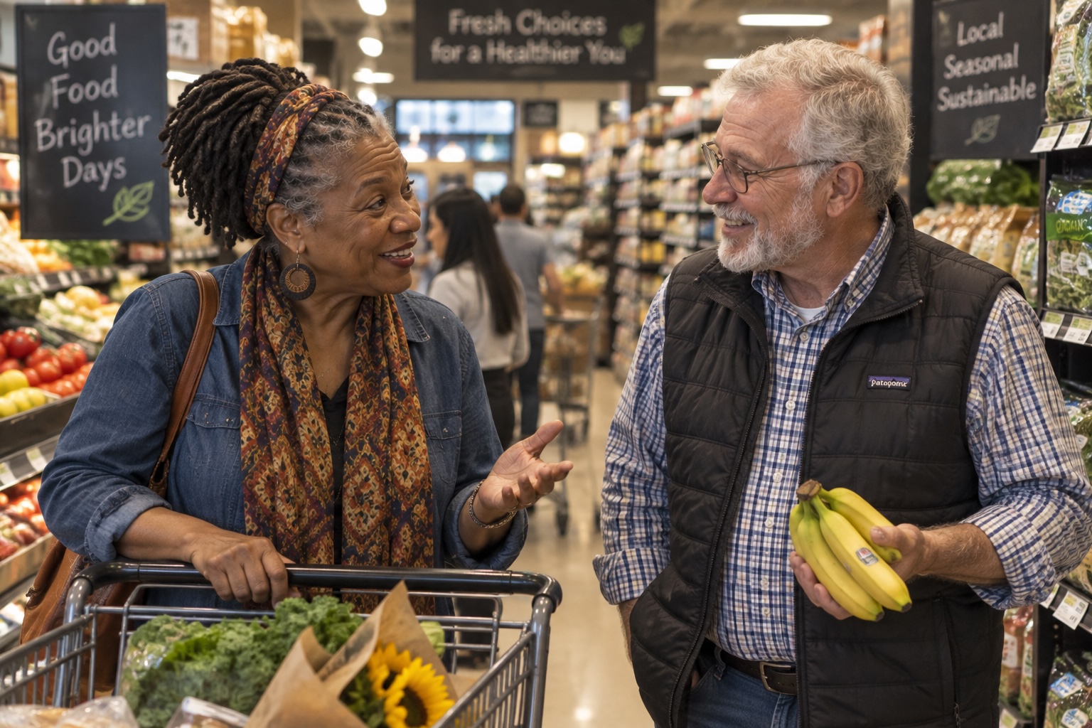 Elena and Marcus talking in a grocery store